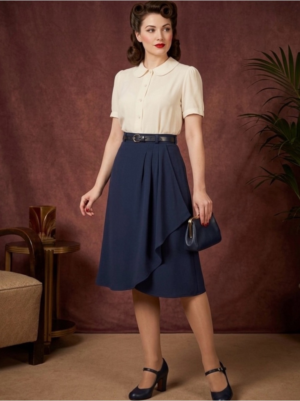 Bespoke SwingBird Fashions 40s Swing Vintage-Inspired Navy Wrap Midi Skirt M/L